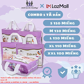 COMBO 5 Tã dán , Bỉm dán Miracle Baby cho bé sơ sinh chất liệu Protein tơ tầm có 5 size S,M,L,XL,XXL