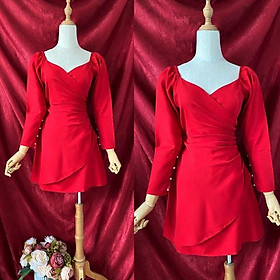 Đầm váy nữ xoè đắp chéo tà xếp li eo tay phồng TKN