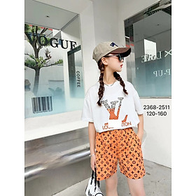 Bộ cộc tay bé gái size đại 6-14 tuổi in hình và chữ LOUIS, Đồ bộ hè cho bé vải cotton cao cấp co giãn thấm hút mồ hô
