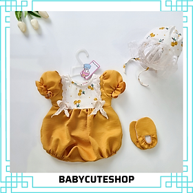 Đồ bé gái sơ sinh  body bé gái lụa vàng họa tiết cherry TẶNG nón giày 3-13kg