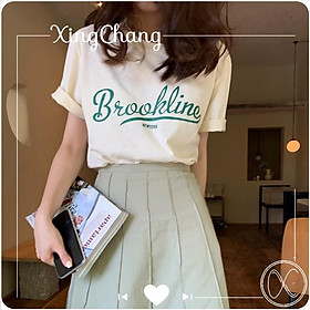 Áo thun nữ trắng dáng basic, áo thun công sở XingChang chất đẹp nữ tính in Brookline mã NXC28