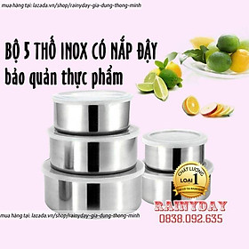 Bộ 5 hộp thố inox đựng bảo quản thực phẩm thức ăn trong tủ lạnh có nắp đậy silicon hút chân không