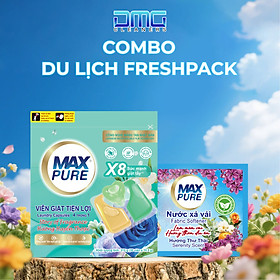 Combo Du Lịch FreshPack Maxpure Gồm Túi Viên Giặt 4in1 (Huyền Thoại) + Dây Nước Xả 10 Gói (Thư Thái) Hương Thơm Thư Giãn