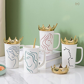 Mua Ly sứ kèm ống hút inox vàng King Queen | Cốc sứ Hot Trend 2022 | Cốc sứ có nắm đậy kèm ống hút Size To vương miệng