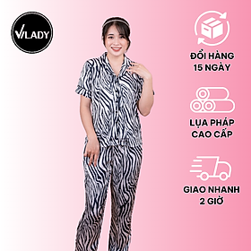 Bộ đồ Pyjama, đồ mặc nhà nữ VILADY - B107 kiểu tay ngắn quần dài họa tiết VẰN thanh lịch chất liệu lụa Pháp cao cấp lụa latin - M