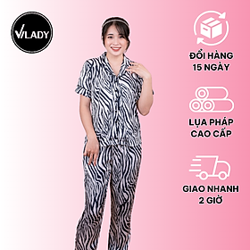 Hình ảnh Bộ đồ Pyjama, đồ mặc nhà nữ VILADY - B107 kiểu tay ngắn quần dài họa tiết VẰN thanh lịch chất liệu lụa Pháp cao cấp (lụa latin)