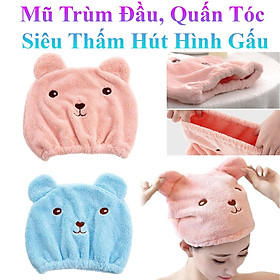 Mũ Trùm Đầu Làm Khô Tóc, Khăn Quấn Tóc Siêu Thấm Hút Hình Gấu 26cm