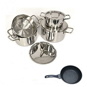 Bộ nồi xửng hấp inox 304 bếp từ 3 lớp đúc liền Fivestar nắp inox tặng 1 chảo chống dính inox Fivestar 20cm