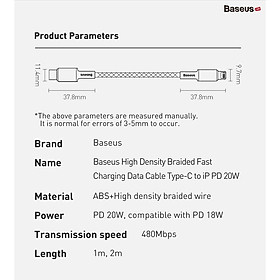 Mua Cáp sạc nhanh Type C to Lightning 20W cho iPhone X 11 12 Series Baseus High Density Braided - Hàng chính hãng