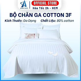 Bộ drap giường cotton trắng sọc 3F cao cấp A (1 ga, 2 vỏ gối nằm, 1 vỏ gối ôm)