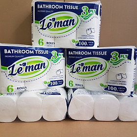 Combo (5 lốc) giấy vệ sinh Leman xanh dương 3 lớp KHÔNG LÕI cao cấp, 6 cuộn/ lốc