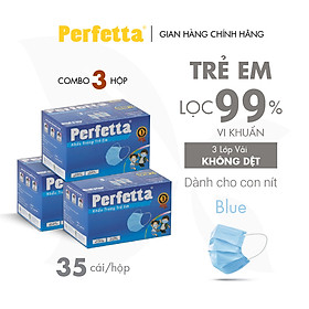 [Combo 3 - PERFETTA CHILDREN] - Khẩu Trang Y Tế Trẻ Em Chất Lượng Cao, Kháng Khuẩn, Chống Bụi Mịn, Màu Xanh, 3 Lớp, Bảo Vệ Tối Ưu, Đóng Gói Từng Cái - (35 cái/hộp)