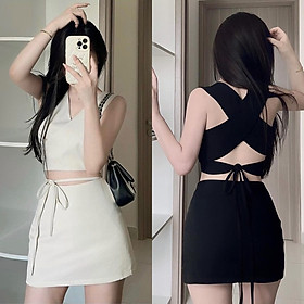 ĐẦM SET ÁO CROPTOP 2 DÂY ĐAN LƯNG ÔM BODY + CHÂN VÁY NGẮN LƯNG CAO CHỮ A ĐEN TRẮNG ĐI TIỆC ĐI CHƠI NOEL DẠO PHỐ GIÁNG SINH ĐI BIỂN