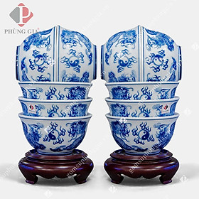 Mua Combo 6 bát cúng hoạ tiết RỒNG men Lam Trắng Trơn chất liệu gốm sứ