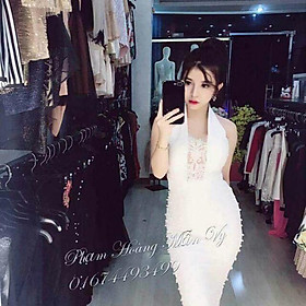 Đầm body cổ yếm lưới ngực đính cườm