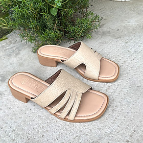 Dép nữ cao gót da bò cao 3.5cm TRường Hải 2 màu đen,kem gót vuông DN135K