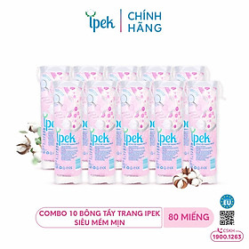 [Tặng 2 mặt nạ dermal] Combo 10 bông tẩy trang Ipek 80 miếng không xơ bông