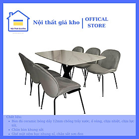Mua Bàn ăn mặt đá ceramic bóng trắng vân mây  ghi bóng  loang nâu chân chéo chữ X kết hợp ghế Gubi