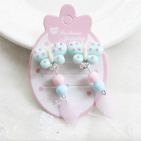 Khuyên tai kẹp không đau cho bé hình hoạt hình đính tua rua ngọc trai chiếc lá set2 chiếc hình con bướm chấm bi xanh ngọc