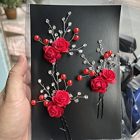 Bộ 3 trâm hoa hồng đỏ đính đá cài tóc cô dâu hoa to Giangpkc
