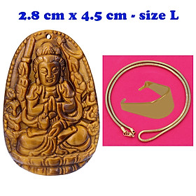Hình ảnh Mặt Phật Thiên thủ thiên nhãn đá mắt hổ 4.5 cm kèm dây chuyền inox rắn vàng - mặt dây chuyền size lớn - size L, Mặt Phật bản mệnh, Quan âm bồ tát