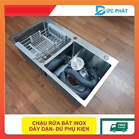 Mua Chậu rửa bát inox đúc 2 hố dày dặn - chậu rửa bát không gỉ Tặng rổ rút đa năng