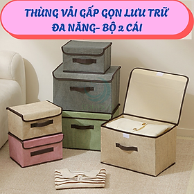 Bộ 2 Hộp vải đựng đồ có nắp tiện lợi- Thùng vải gấp gọn lưu trữ đa năng- Hộp vải đựng quần áo- Thùng chứa đồ gia đình bằng vải canvas- Hộp đựng đồ nội thất gọn gang- Hộp đựng đồ chơi/trang phục có tay cầm