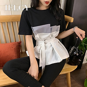 Áo Thun Nữ Ngắn Tay Giả Hai Lớp Thời Trang