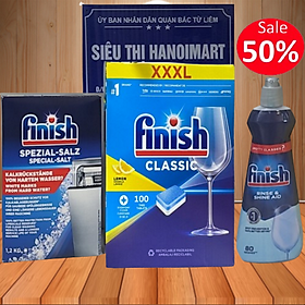 Combo Viên rửa bát Finish Classic 100 viên + Muối Finish 1.2kg + Nước làm bóng Finish 400ml