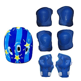 Set of 7 Pcs Kids Adult Roller Skating Helmet Knee Wrist Guard Elbow Pad Blue