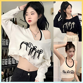 Set áo CỔ V TUA RUA tay dài kèm áo YẾM Cardigan dệt kim xinh xắn