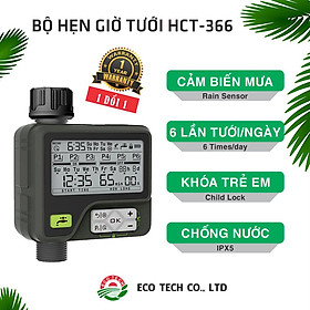 Bộ hẹn giờ tưới nước cây tự động HCT-366 : Phiên bản nâng cấp, Pin bền bỉ, 6 chương trình tưới, chống nước IPX5, cảm biến mưa, khoá an toàn.