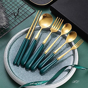 Mua Thìa  dĩa   đũa mạ vàng cán xanh cổ vịt