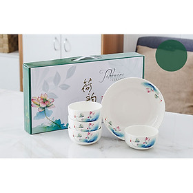 Mua Bộ Chén -Dĩa Hoa Sen Xanh Hồng - Hộp Quà - 5 Món