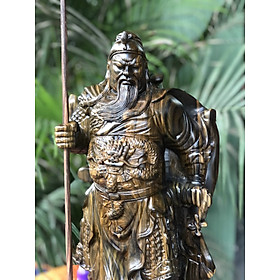 Tượng quan công trấn ải đứng trên đầu hổ phù bằng gỗ mun hoa kt 60×23×14cm
