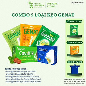 Combo 5 sản phẩm kẹo Genat - Kẹo thảo mộc Covitux, Gezcol , Genat Gừng, Genat chanh sả, viên ngậm Zalocol hỗ trợ giảm ho, giảm đờm, đau rát họng