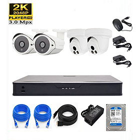 Bộ KIT 4 camera IP 3.0MP (NON-POE) Có ổ cứng 500G, mắt KIM LOẠI chống nước