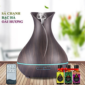 Máy Khuếch Tán Tinh Dầu 500ml Tặng 3 Chai Sả Chanh + Bạc Hà + Oải Hương 10ml Nhập Khẩu Ấn Độ | Xông Phòng 30m2 | Kèm Remote Điều Khiển | MKT17 Lục Bình Đen