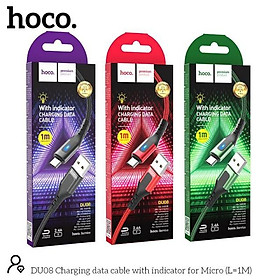 Cáp sạc Micro USB Hoco DU08/DU08 Plus, sạc nhanh 2.4A, dây bọc dù chống đứt, có đèn LED dài 1m/2m hàng chính hãng Hoco Mall Official