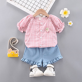 Set bé gái mặc đi chơi gồm áo caro + quần denim, set bộ bé gái từ 9-18kg (SSP-1510G)
