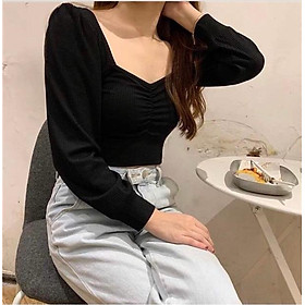 Áo kiểu croptop tay dài nhún ngực thun gân