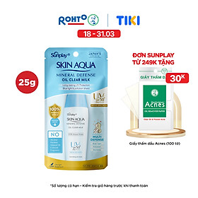 Kem chống nắng vật lý Skin Aqua kiềm dầu, dạng sữa dùng hàng ngày Sunplay Skin Aqua Mineral Defense Oil Clear Milk SPF50+ PA++++ 25g