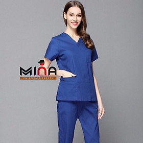 Bộ scrubs bác sĩ, quần áo y tế phẫu thuật - Màu xanh bích đậm - Vải cotton co giãn