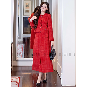 Set áo váy tweed đỏ NGADO , set áo kèm chân váy dáng dài