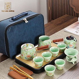 Mua Bộ trà du lịch men xanh ngọc túi đựng da sang trọng