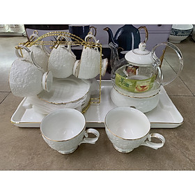 BỘ BÌNH TRÀ THỦY TINH KẾT HỢP GỐM SỨ CAO CẤP KÈM GIÁ TREO VÀ THÌA VÀNG  - ANTH247