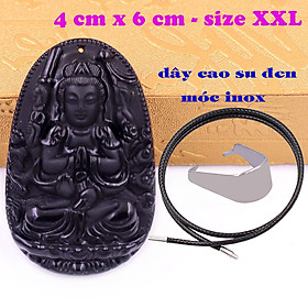 Mặt Phật Thiên thủ thiên nhãn đá thạch anh đen 6 cm kèm vòng cổ dây cao su đen - mặt dây chuyền size lớn - XXL, Mặt Phật bản mệnh, Quan âm bồ tát
