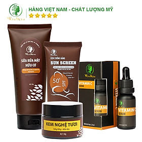 Bộ trắng da, sạch nám, chống nắng chuyên sâu Wonmom (1 Sữa rửa mặt+ 1 Kem nghệ tươi+ 1 Serum vitamin C+ 1 Kem chống nắng)