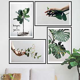 Decal trang trí chất liệu PVC loại 1 dày dặn, sắc nét, trang trí phòng khách, quán cafe-Khung ảnh bàn tay cầm lá-LV33