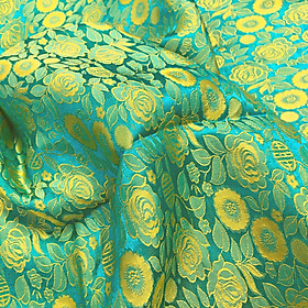 Vải Lụa Tơ Tằm hoa hồng thọ màu xanh, mềm#mượt#mịn, dệt thủ công, khổ vải 90cm